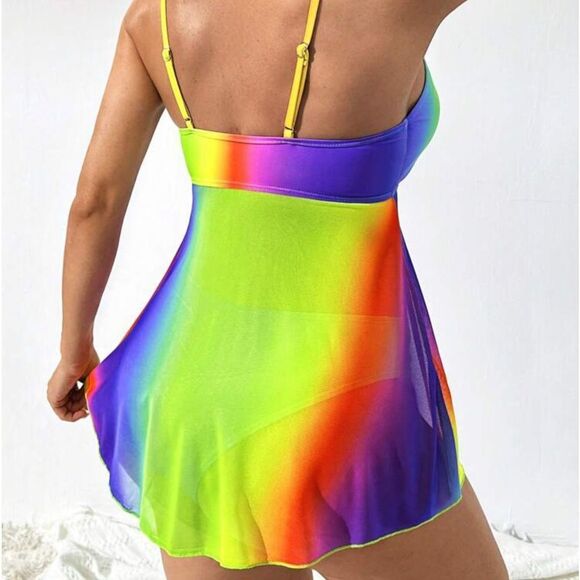 Y2K Rainbow Ombre Mermaidcore Cosplay Drawstring Bikini Cami Swimsuit Set - Picture 2 of 11